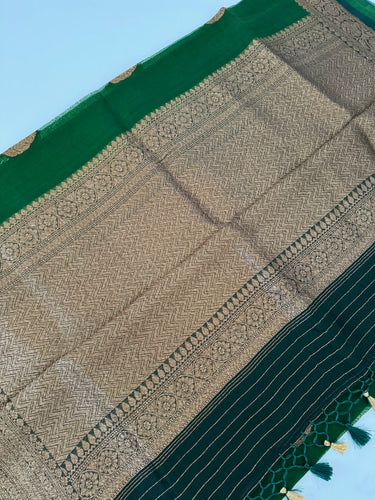 Sheer Lightweight Organza Silk Saree with Tussar Silk Border | Antique Zari | Shade of Forest Green | Handwoven | Ships from California